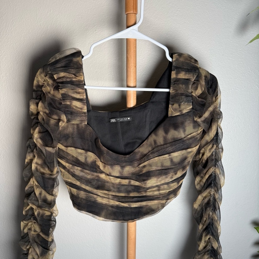 Zara Black Corsetry Tulle Long Sleeve Crop Top Women’s Size Small - Picture 3 of 6